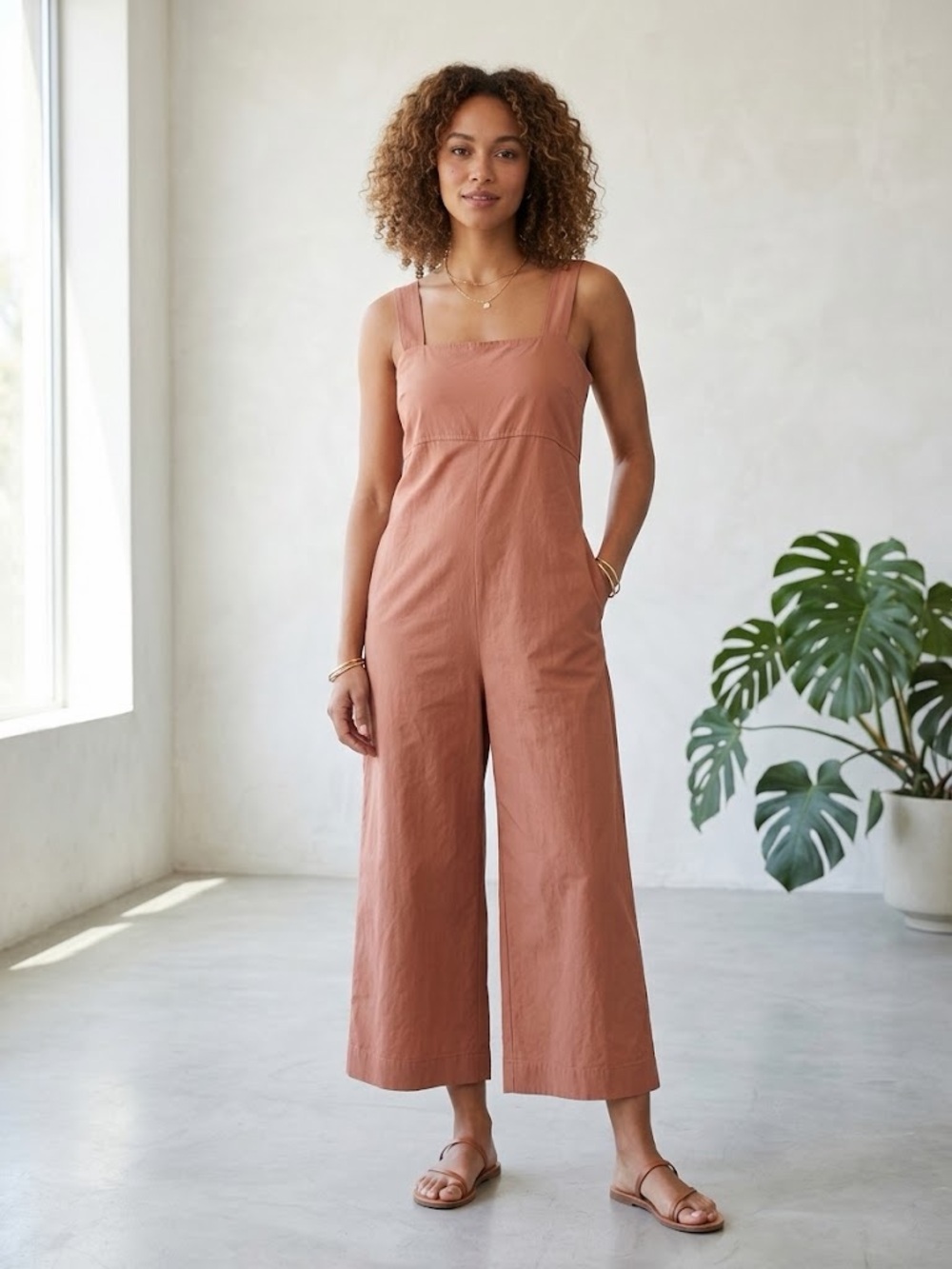 UNIQLO Terracotta Linen Blend Wide Leg Jumpsuit Square Neck Minimalist Small